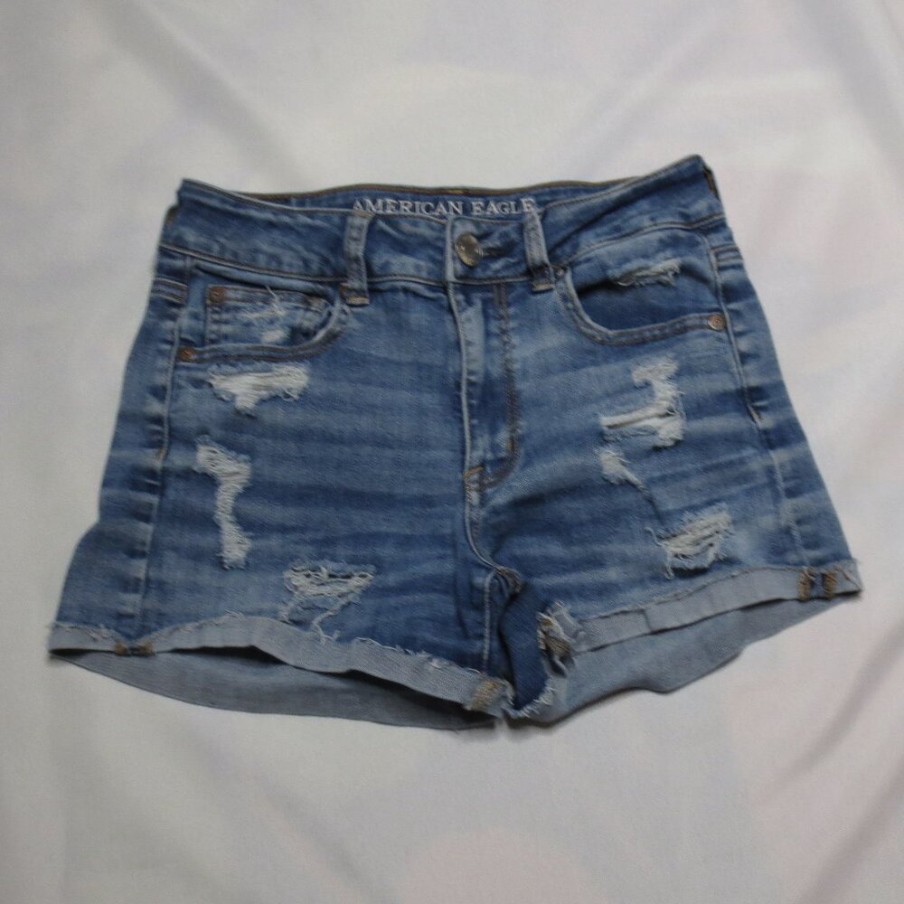 AMERICAN EAGLE womens SHORTS blue DENIM distressed HIGH RISE SHORTIE SIZE 2